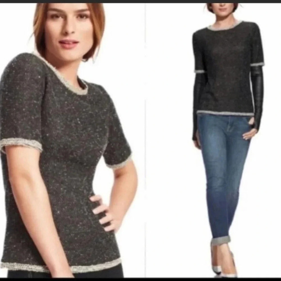 𝅺CAbi #542‎ Coco shell black knit rear zip top short sleeve sweater size Medium - Picture 1 of 9